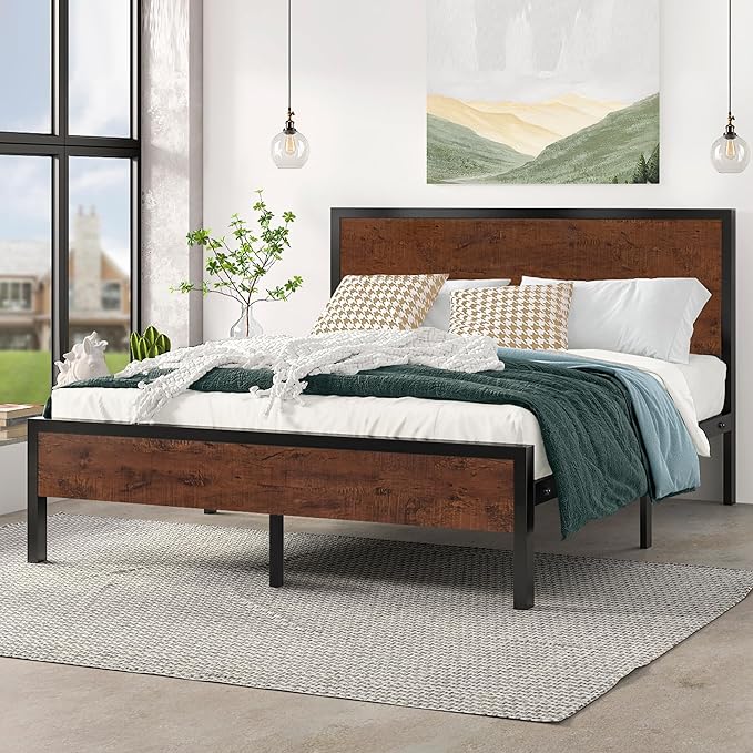 Queen Size Bed Frame with Wood Headboard and Footboard,