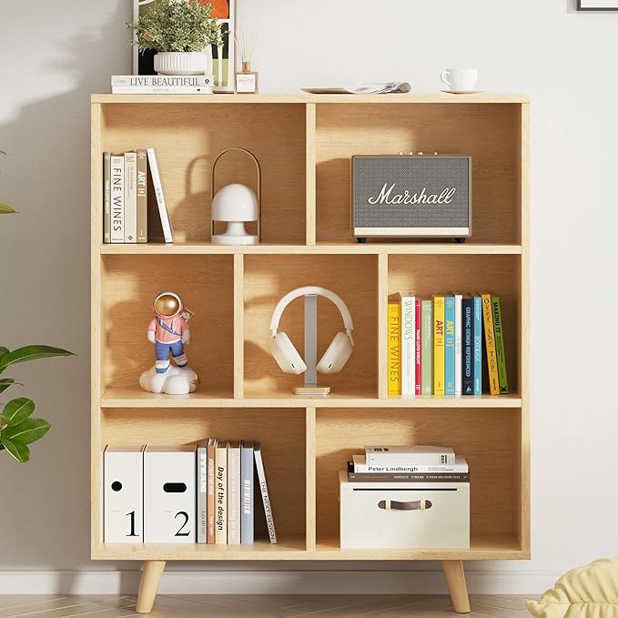 7 Cube Bookshelf, 3 Tier Mid-Century Modern Bookcase with Legs