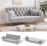 Modern Velvet Futon Sofa Bed, Small Couch, Loveseat, 71" Convertible Futon Sofa with Folding Armrests and 2 Pillows, Comfy Couch for Living Room, Bedroom, Beige