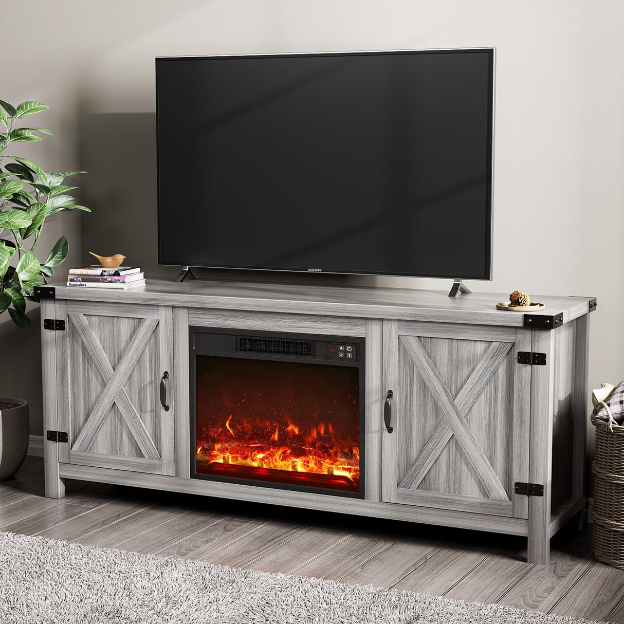 Fireplace TV Stand with Two Barn Doors and Storage Cabinets for Televisions up to 65