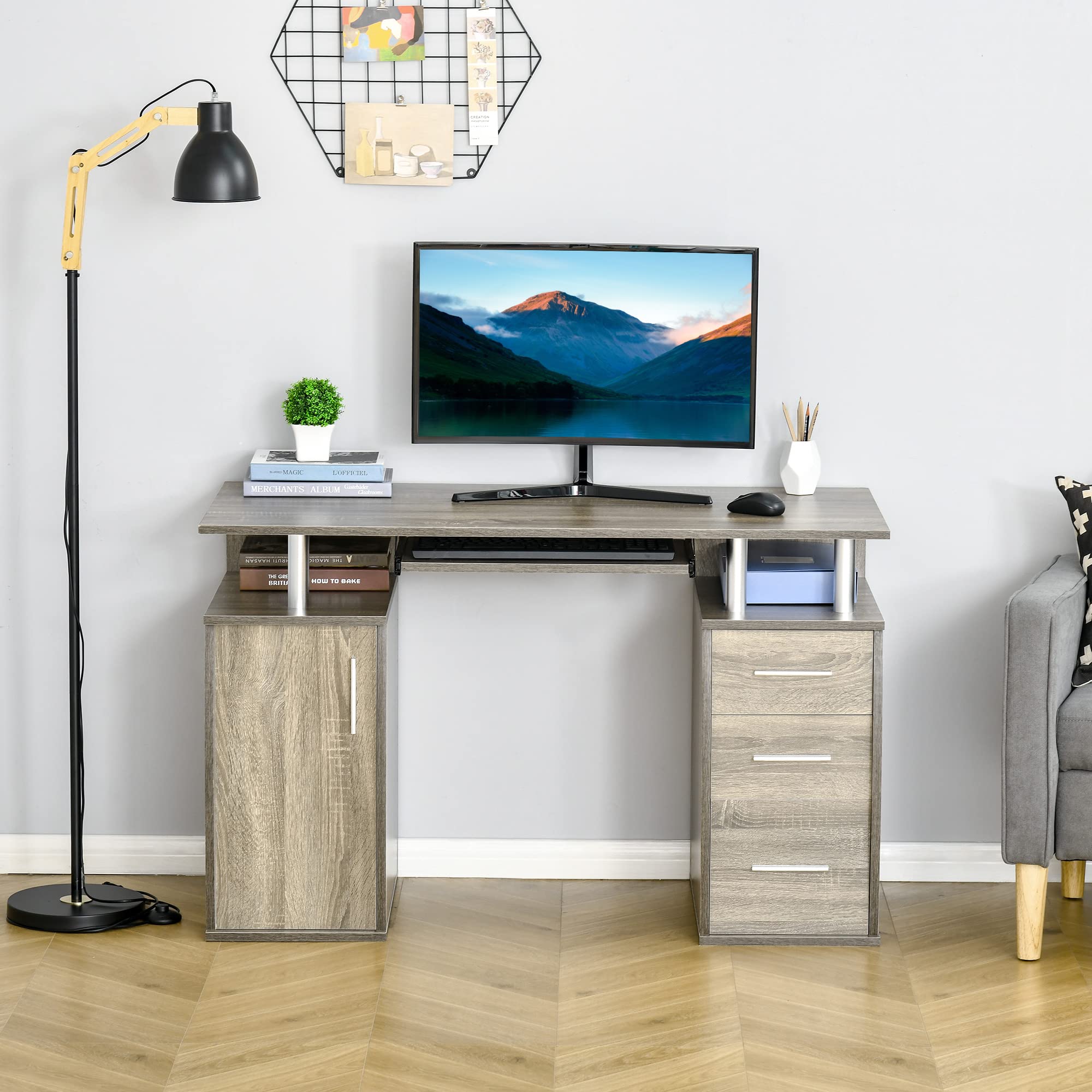 47" Computer Desk with Keyboard Tray and Storage Drawers, Home Office Workstation