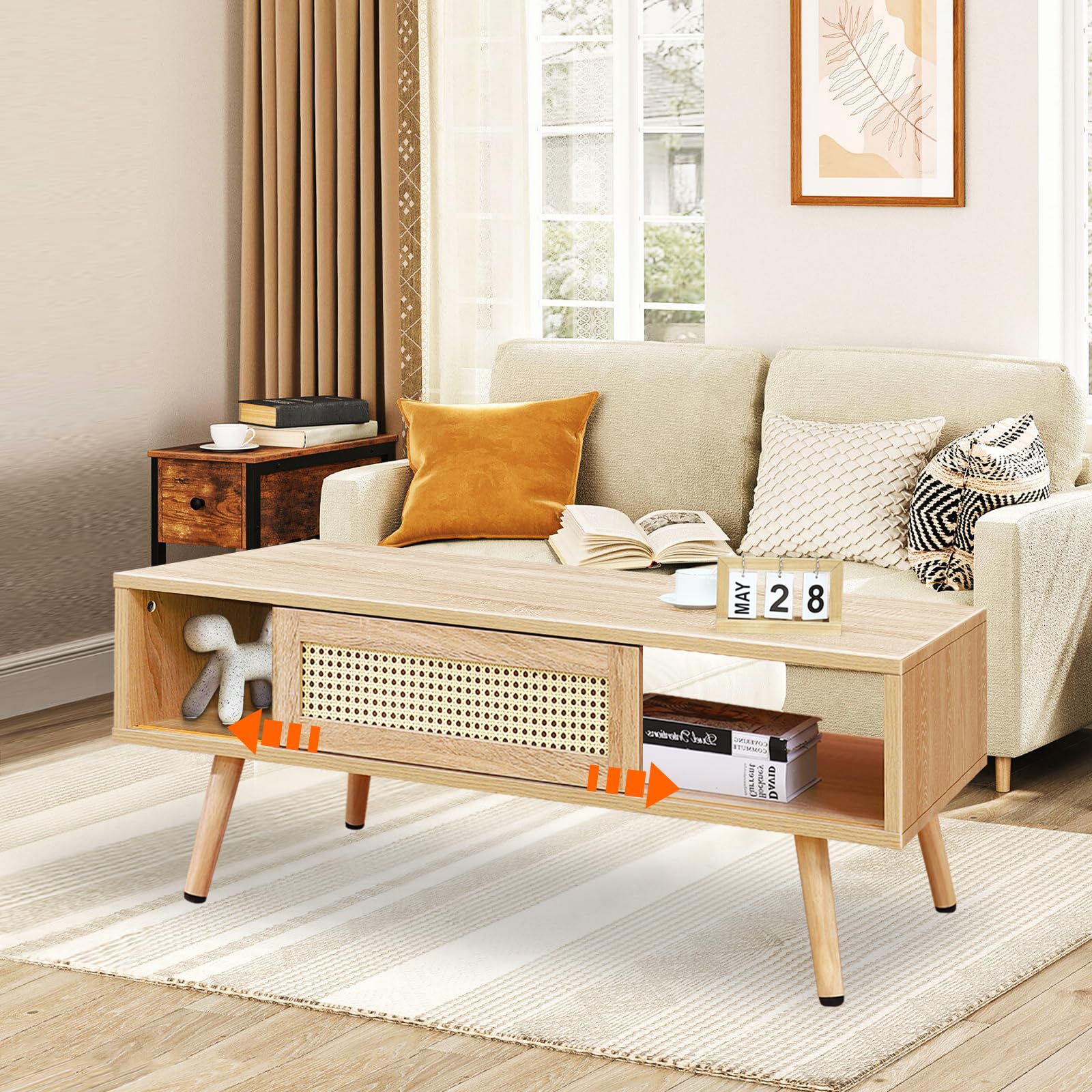 Mid Century Modern Coffee Table,Rattan Coffee Table with Sliding Woven Open Storage