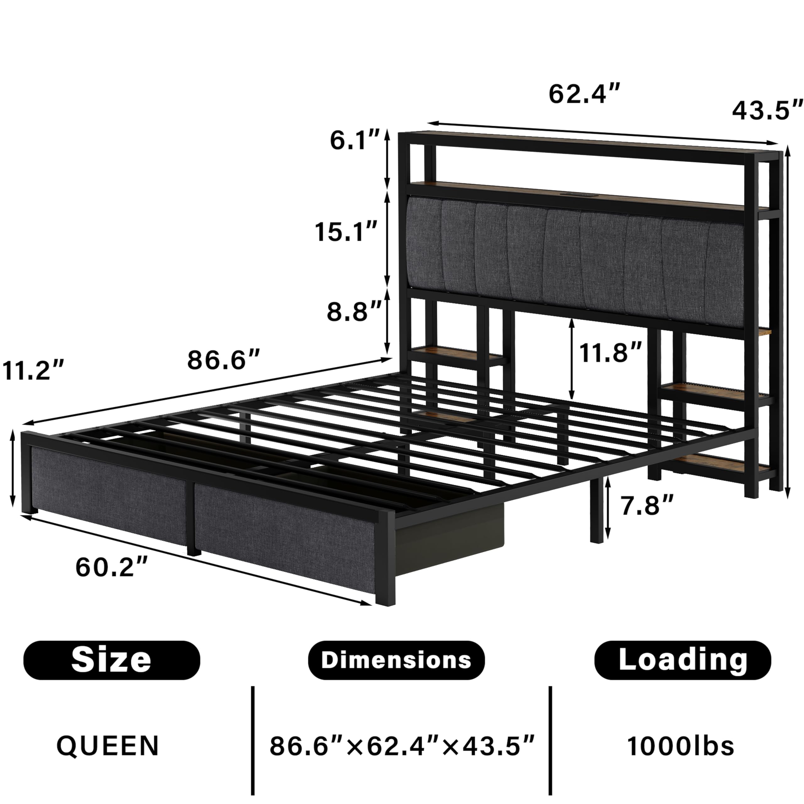 Fastroby LED Bed Frame Queen Size with Storage, Upholstered Queen Bed Frame with 2-Tier Charged Headboard and Drawers, 6-Side-Storage, Dark Grey