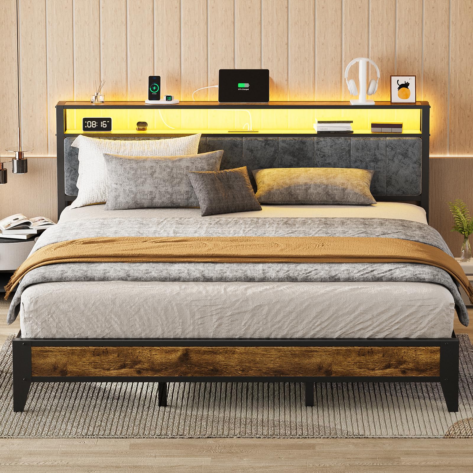 King Bed Frame with Headboard and LED Lights