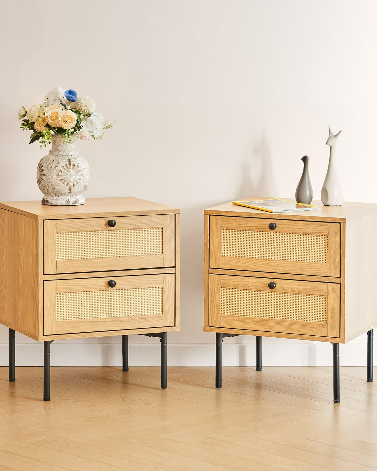 Rattan Nightstand, Boho End Table with Handmade Rattan Decorated Drawers, Rattan