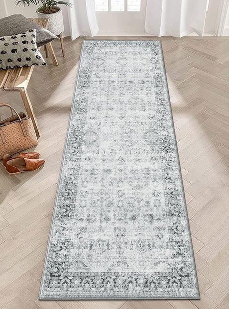 Washable Area Rug 8x10 Large Boho Living Room Rug Vintage Grey Rug for Bedroom