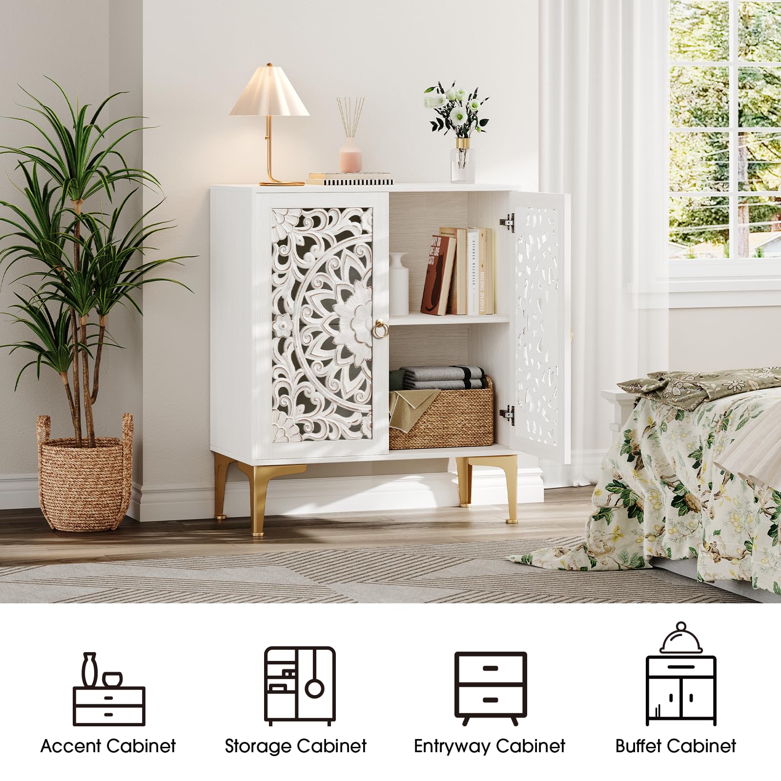 Vintage White Accent Cabinet with Carved Doors & Gold Legs – Decorative Storage Sideboard