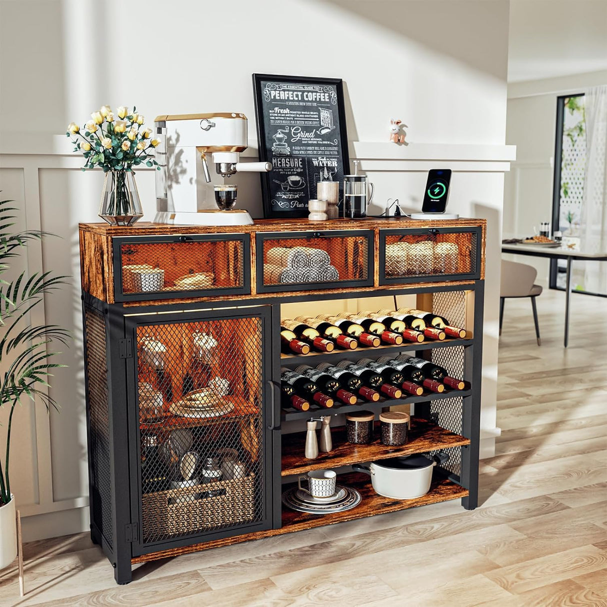 Bar Cabinet with RGB LED Lights,Wine Bar Cabinet with 3 Drawers, Home Bar Cabinet