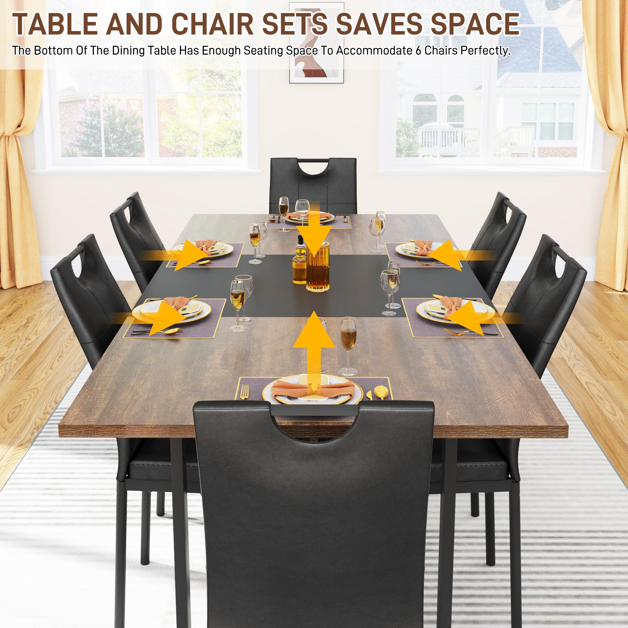 7-Piece Dining Table Set - 71" Wooden Kitchen Table with 6 Chairs