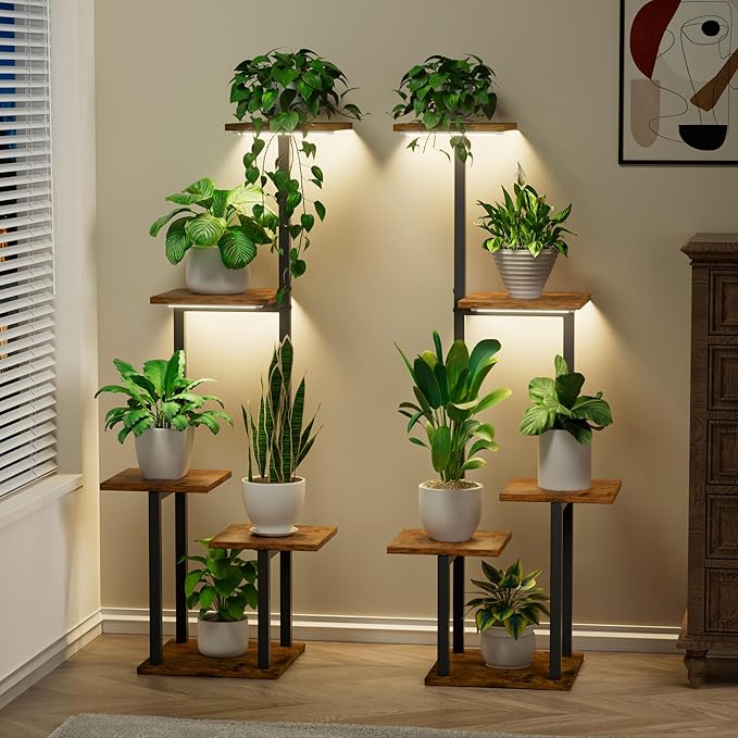 Plant Stand Indoor with Grow Light - 2 Pack Metal Plant Shelf for Indoor Plants Multiple