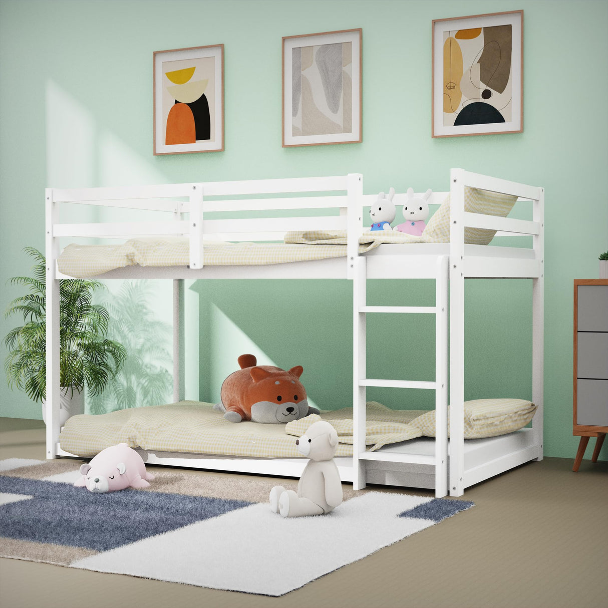 Bunk Bed Twin Over Twin, Floor Bunk Bed with Ladder, Solid Wood Low Twin Bunk Beds