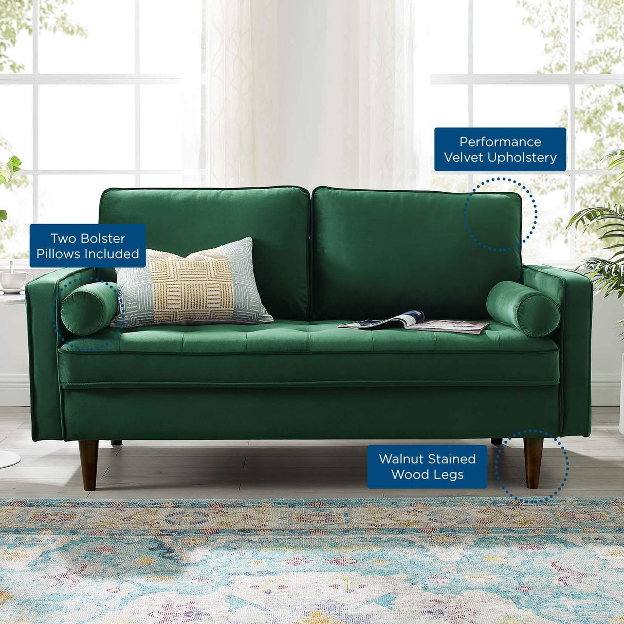 Modway Valour Performance Velvet Loveseat, Green Valour Performance Velvet Loveseat