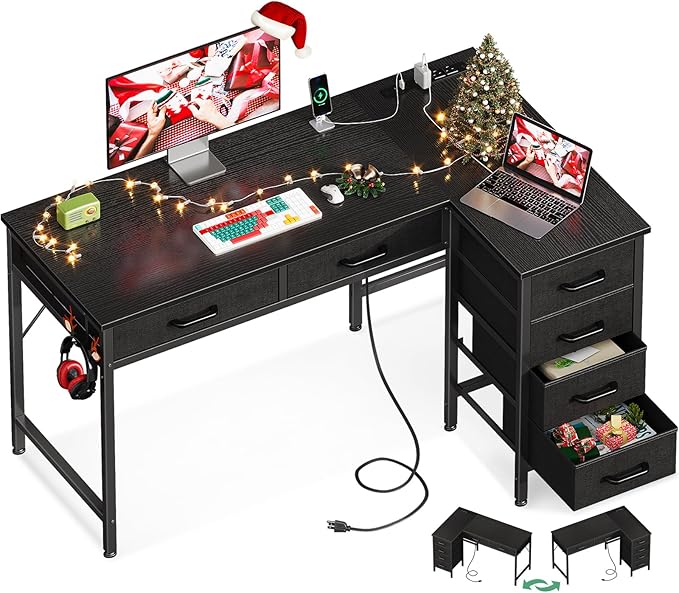 50 Inch L Shaped Desk with Drawers, Computer Desk with Power Outlets