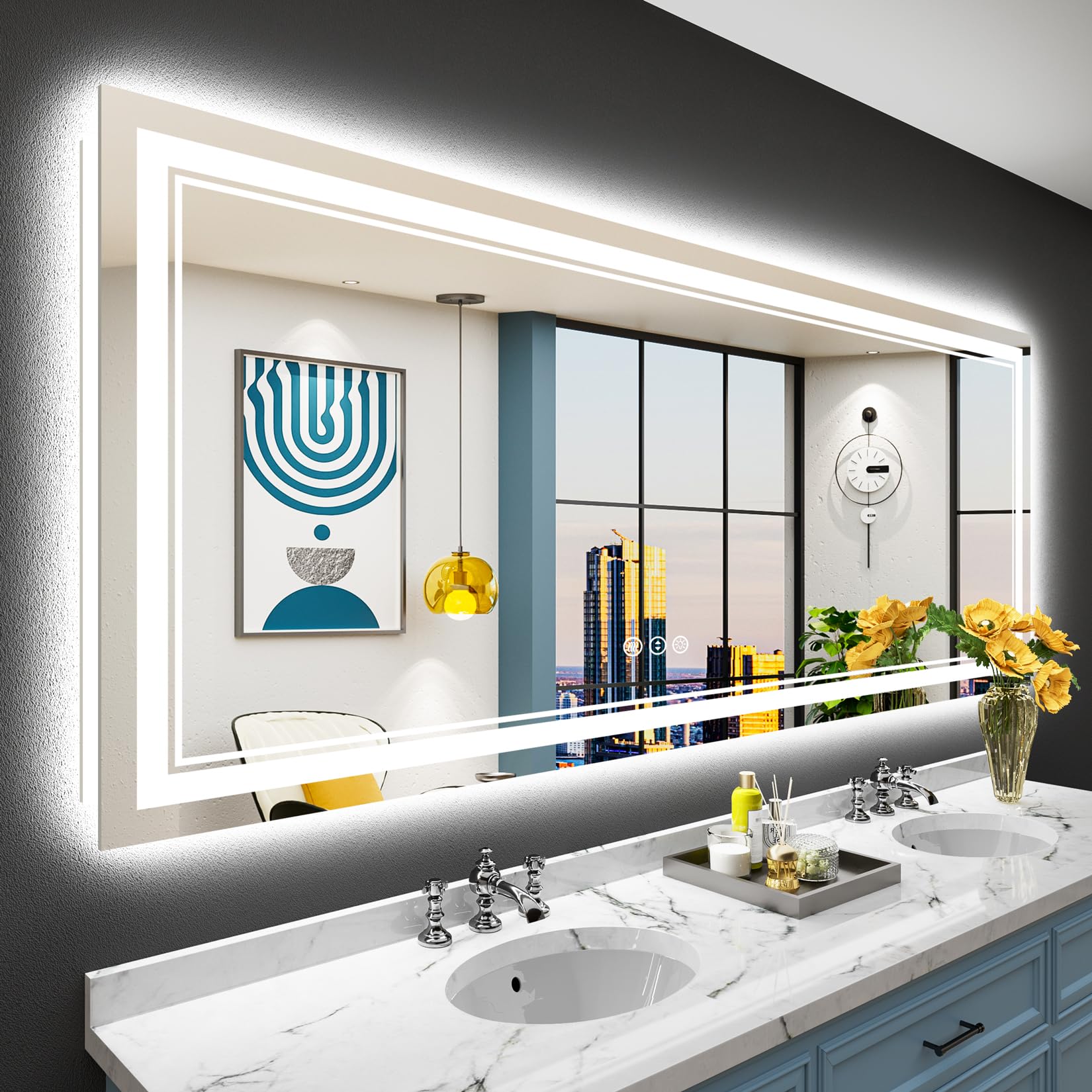 72x32 LED Mirror for Bathroom with Front and Backlit, Anti-Fog LED Bathroom Mirror