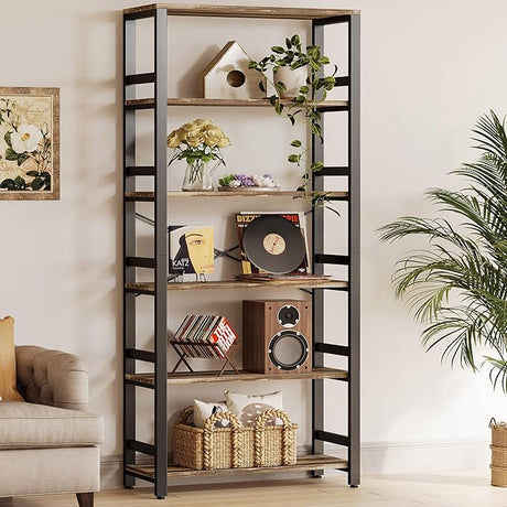 Bookshelf, 31.5in Wide Shelf 6 Tier Bookcase, 110lbs/shelf Vintage Industrial Style Bookshelves