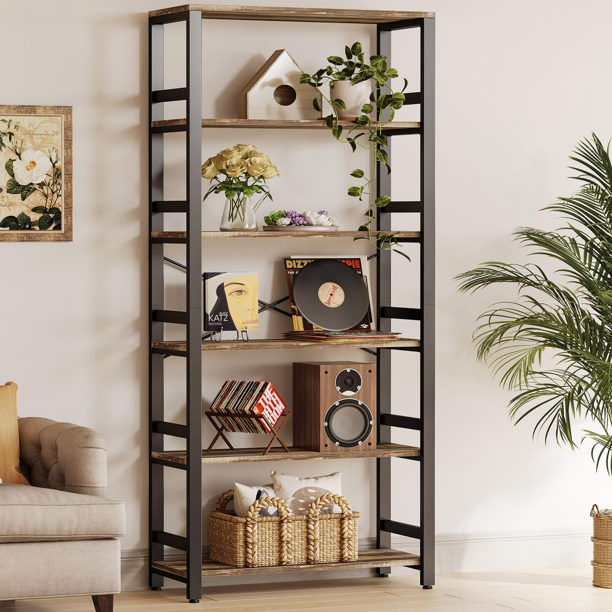 Bookshelf, 31.5in Wide Shelf 6 Tier Bookcase, 110lbs/shelf Vintage Industrial Style Bookshelves for Bedroom