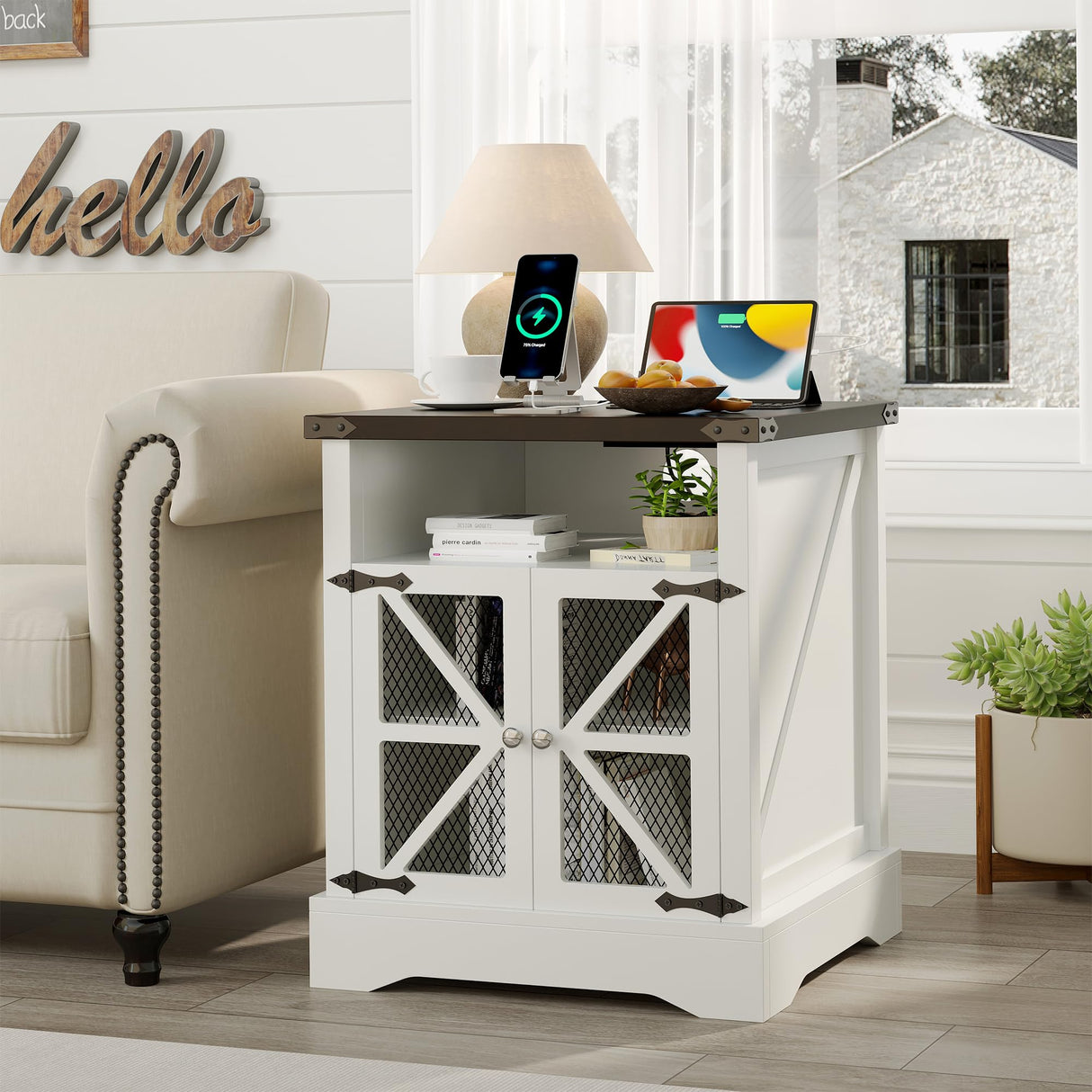 End Table Living Room with Charging Station, Farmhouse Sofa Side Table with Adjustable Shelf