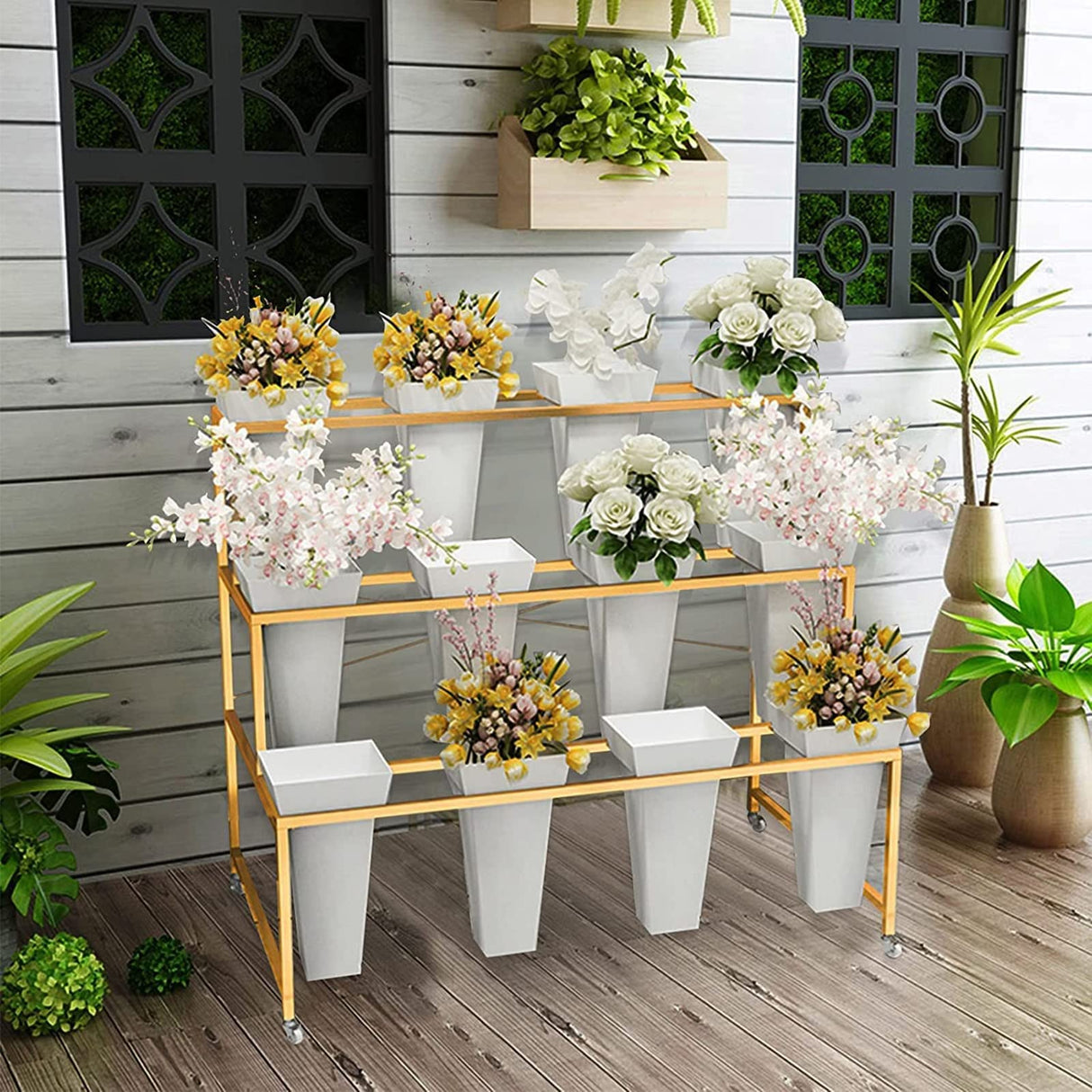 Flower Display Stand With 12PCS Buckets, 3 Layers Metal Plant Stand with Wheels