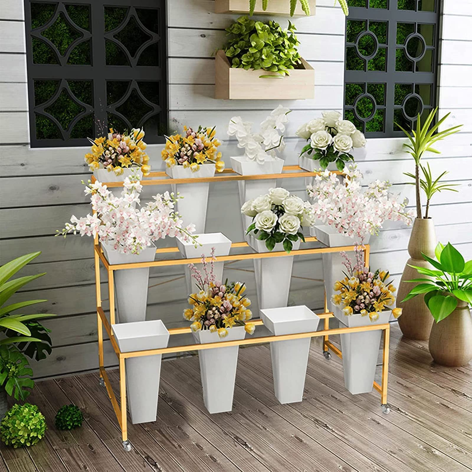 Flower Display Stand With 12PCS Buckets, 3 Layers Metal Plant Stand with Wheels