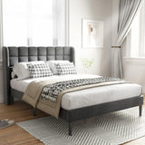 Queen Bed Frame with Headboard and Upholstered Wingback, Modern Platform Bed