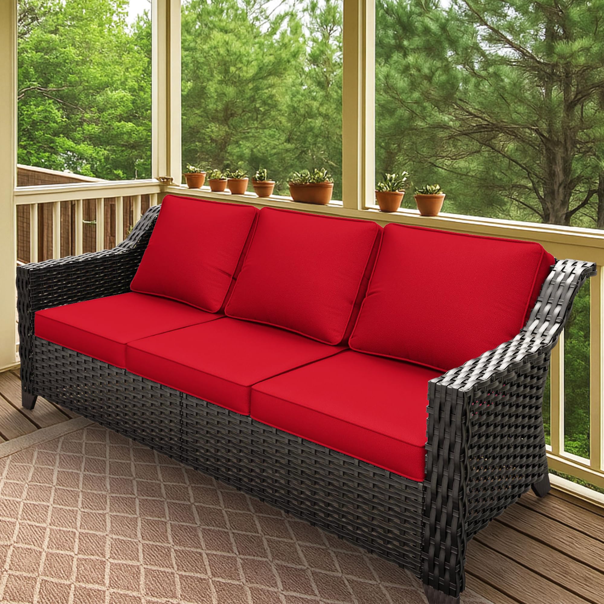 77'' Patio Sofa, All Weather Outdoor Rattan Wicker 3-Seat Sofa High Back Couch