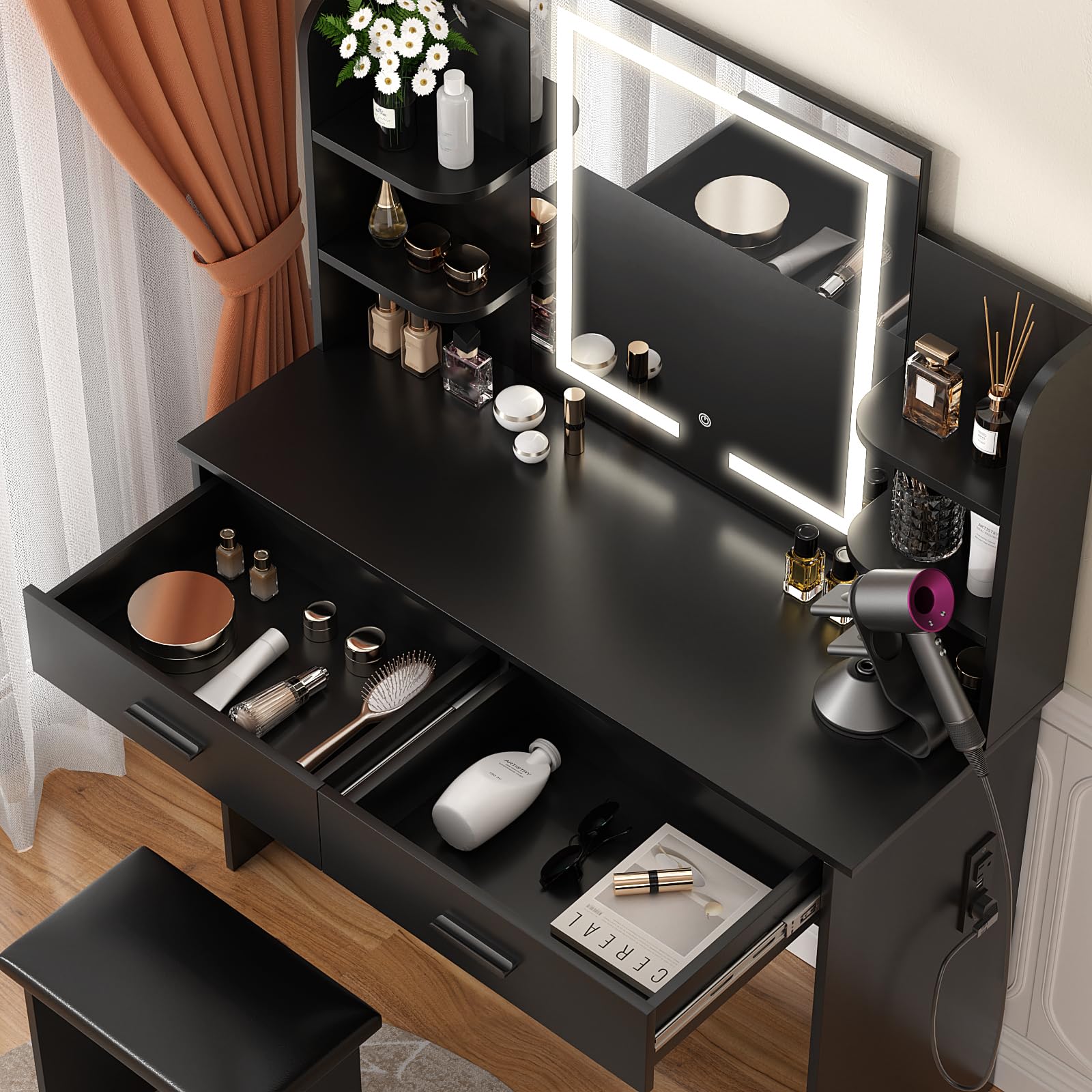 with Lighted Mirror, Makeup Vanity Desk with Power Outlet, 3 Color Light Options Adjustable Brightness,