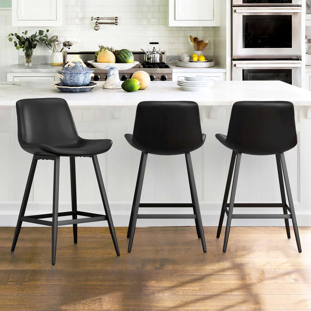 Modern Bucket Barstool Set of 3, Barstools with Back and Footrest