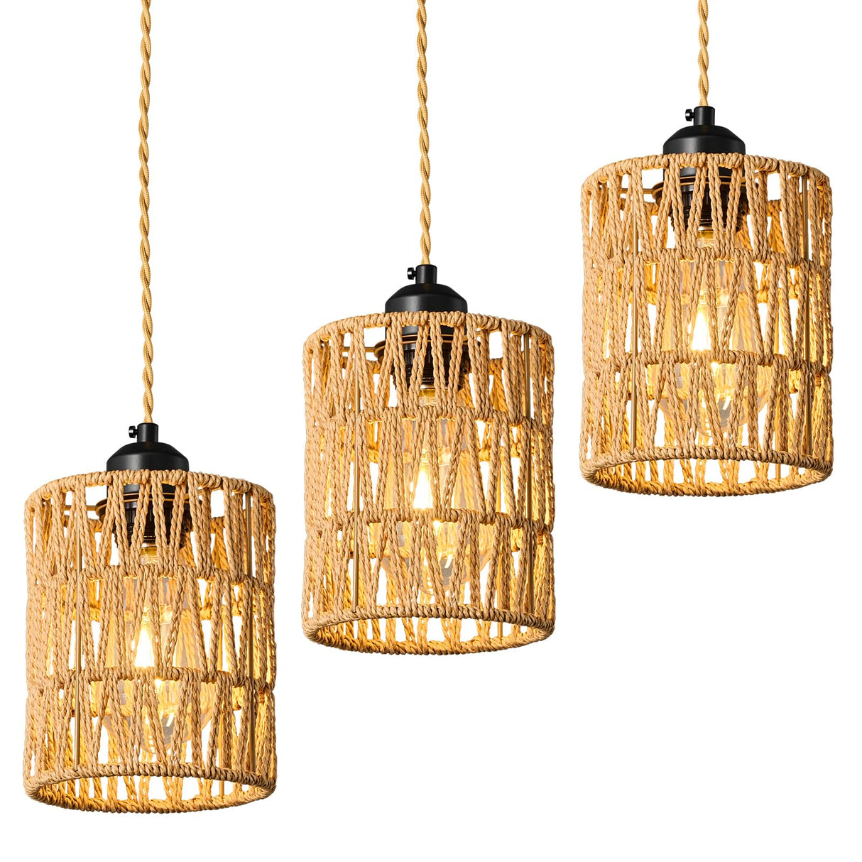 Brown Woven Pendant Lights Boho Hanging Lamp, Rattan Chandelier Farmhouse Pendant