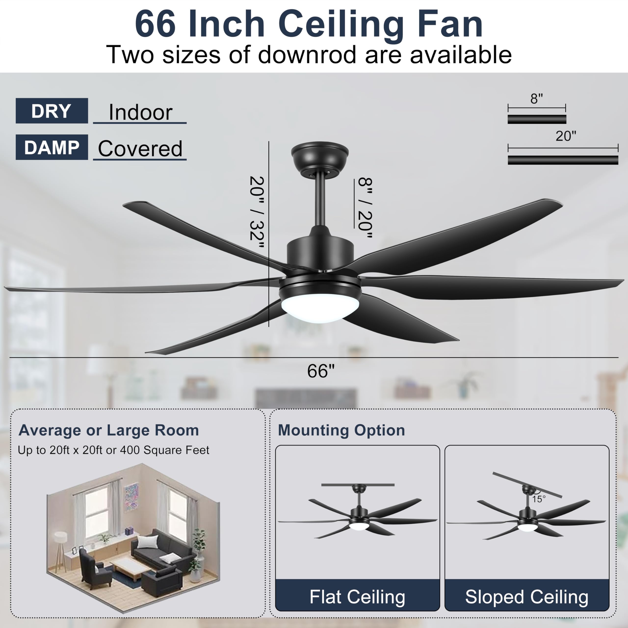 66'' Ceiling Fan with Lights Remote Control, Large Ceiling Fan Black, 6 Blades 6 Speeds