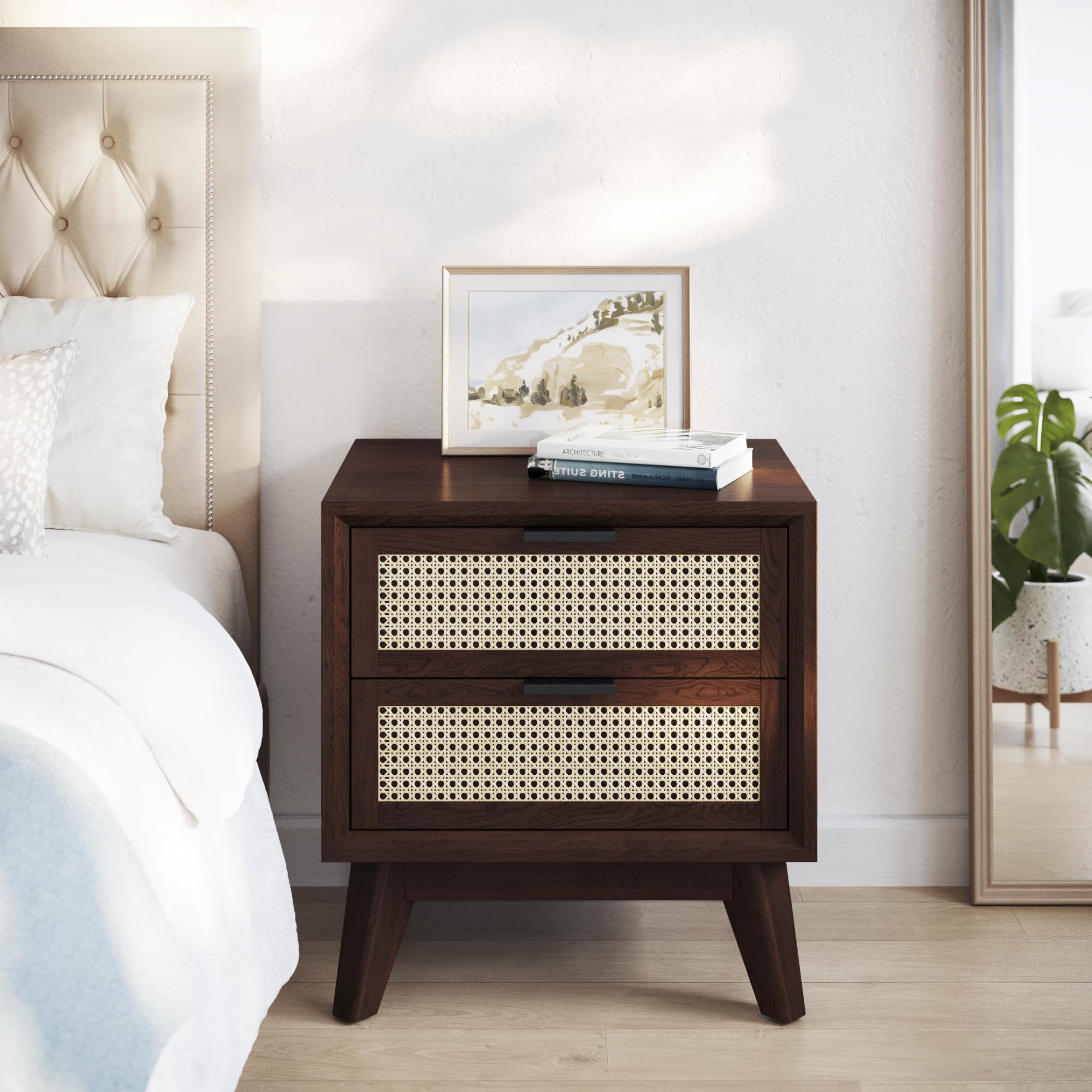 Jasper Deluxe Solid Wood Rattan Nightstand Fully Assembled-Mid Century Modern Side