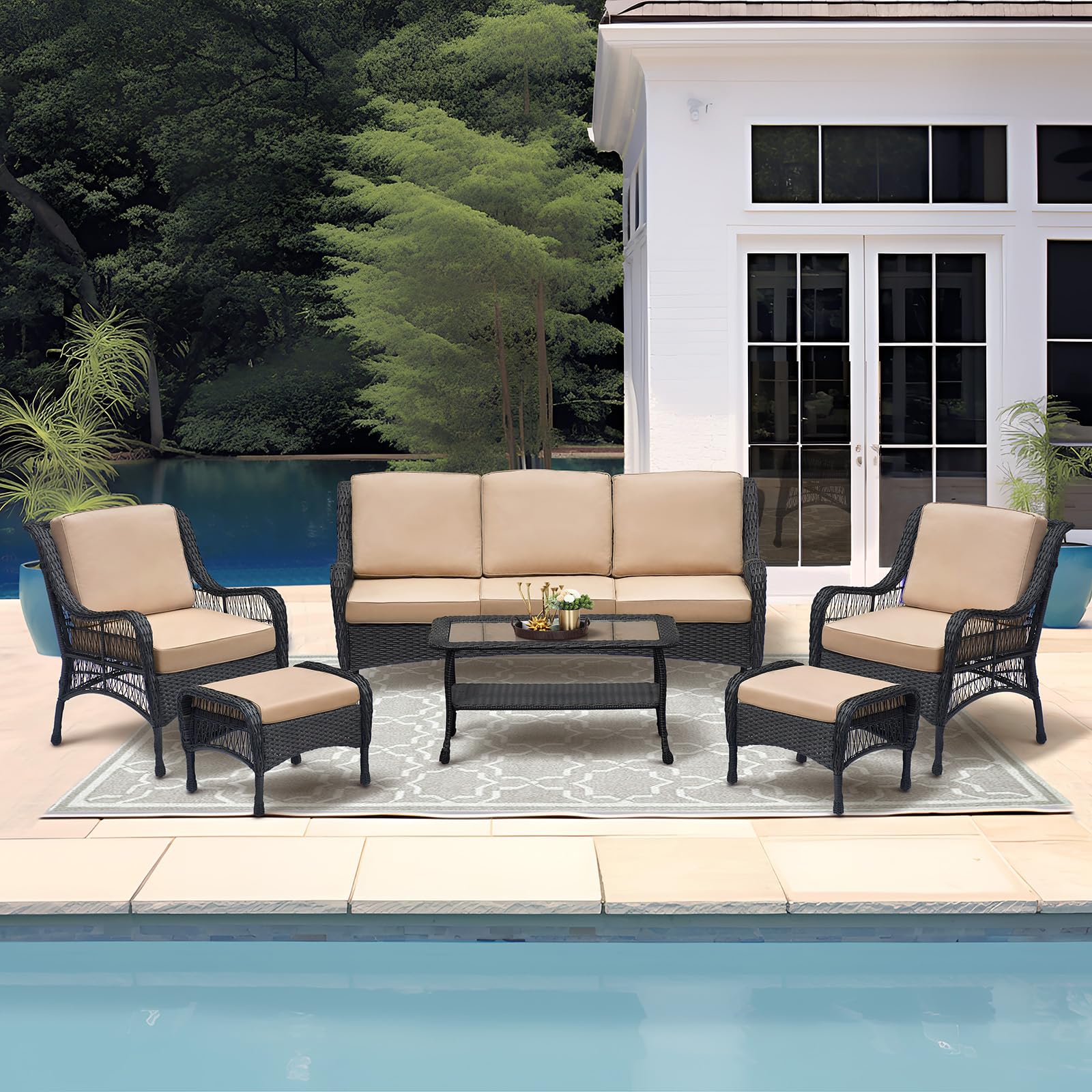 Set of 2 Wicker Ottomans, Outdoor Wicker Footstool with Soft Zippered Cushions