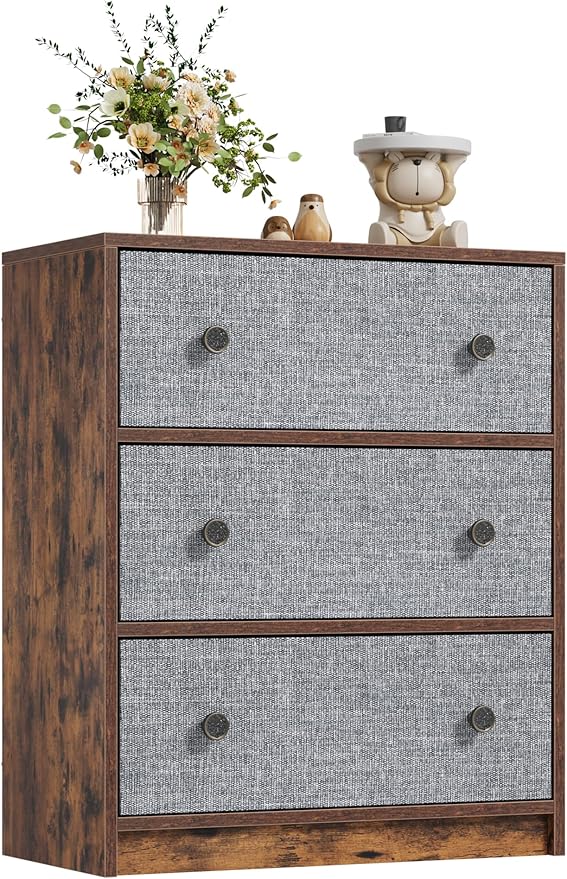 3 Drawer Dresser, White Nightstand for Bedroom with Fabric Drawers,