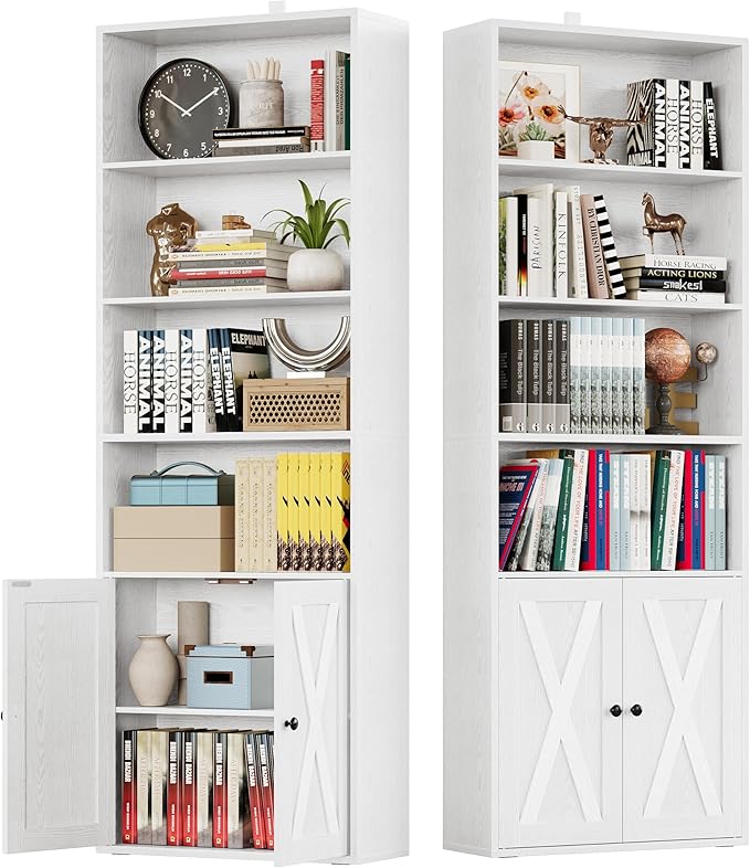 Industrial Bookshelves and Bookcases with Doors Set of 2 Floor Standing 6 Shelf Display