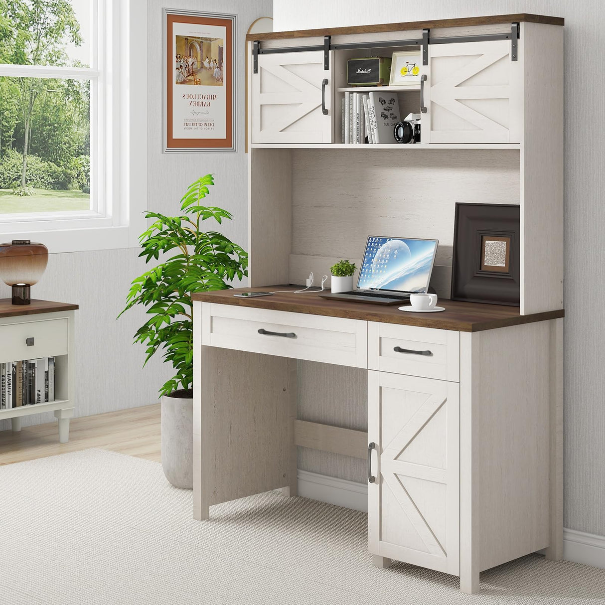 Farmhouse 47" Desk, Executive I-Shape with 3 Drawers, Storage Cabinet, Hutch