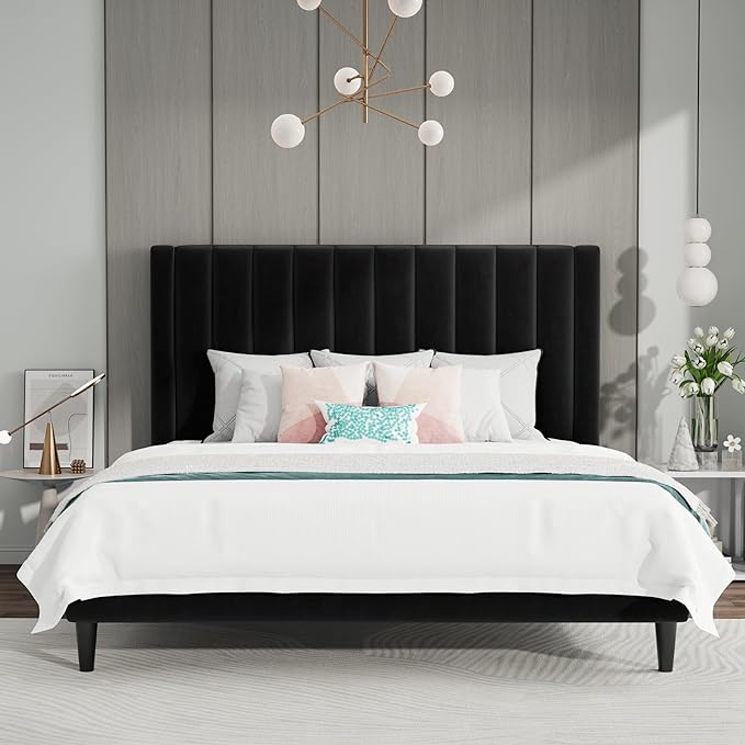 Queen Bed Frame/Velvet Upholstered Platform Bed Frame with Headboard/Strong Wood Slats Support