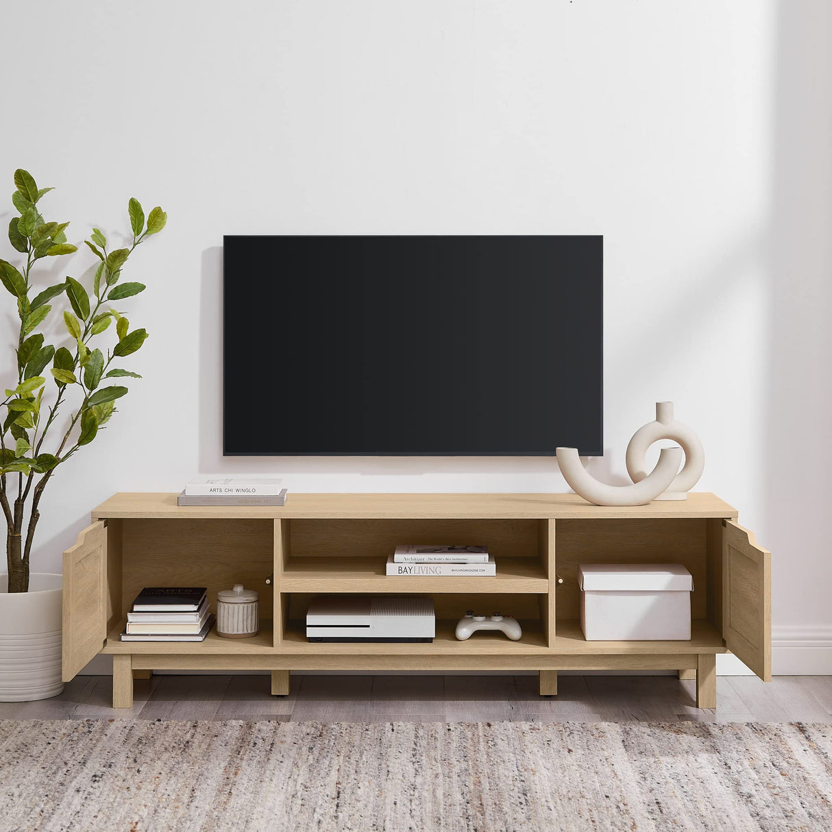 Tage Modern Pull-Open Door Low Stand for TVs up to 65 Inches, 58 Inch, Coastal Oak