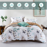 MILDLY 100% Long-Staple Cotton Duvet Cover Set, Gradient Teal Leaves Pattern Bedding Set 3pcs, Ultra Soft Breathable Chic Comforter Cover