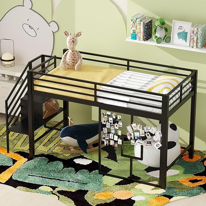 Twin Size Metal Low Loft Bed Frame with Storage Staircase and Iron mesh, Black