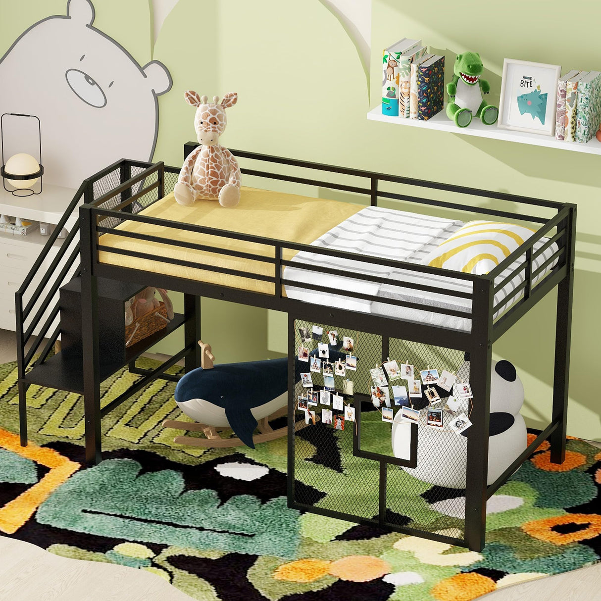 Twin Size Metal Low Loft Bed Frame with Storage Staircase and Iron mesh, Black