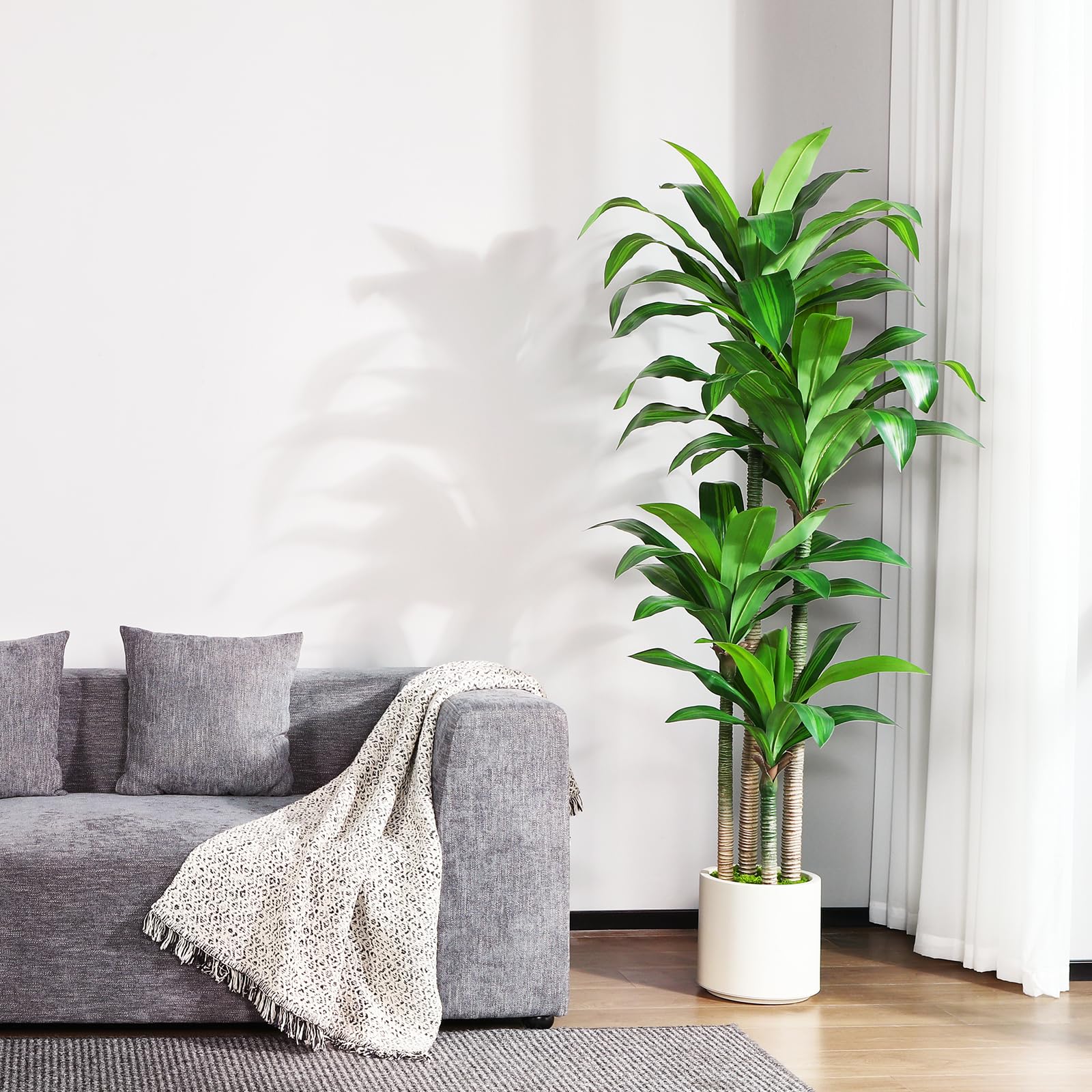 Artificial Dracaena Tree 6ft, Tall Fake Dracaena Plants with White Planter