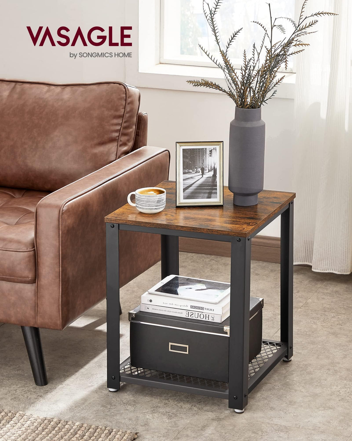 Side Table, 2-Tier Nightstand, End Table with Mesh Shelf, Steel Frame, Adjustable Feet