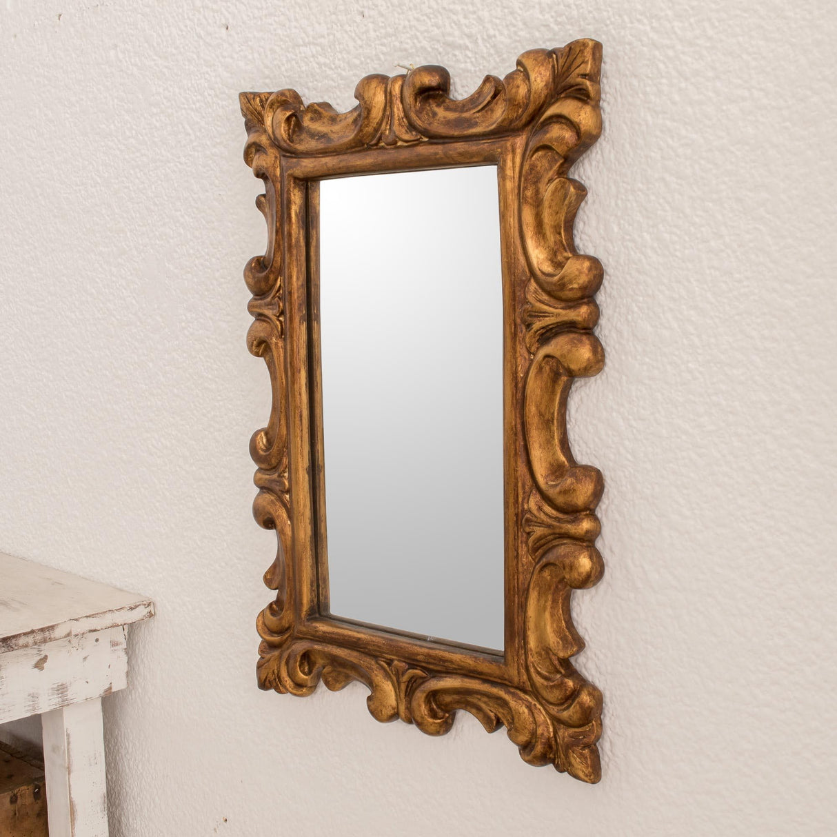 Artisan Handmade Wood Wall Mirror Curl Motif Conacaste from Guatemala Gold Tone
