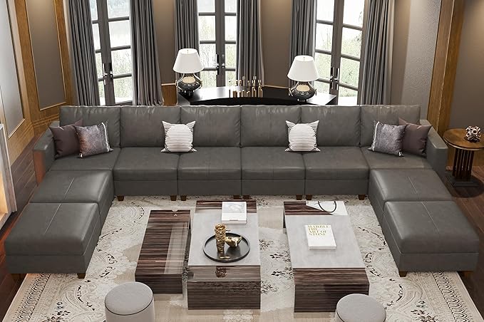 Large Modular Sectional Couch U Shaped Sofa with Storage, Faux Leather Modular Sofa 11 Seat Convertible