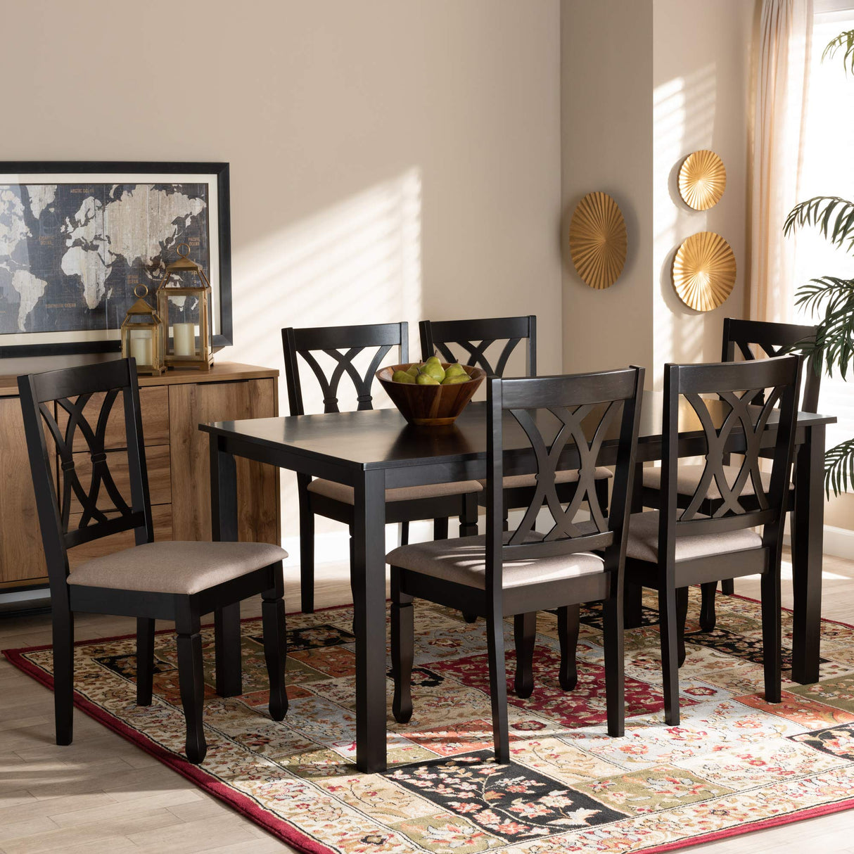 a Dining Set and Dining Set Sand Fabric Upholstered Espresso Brown Finished Wood