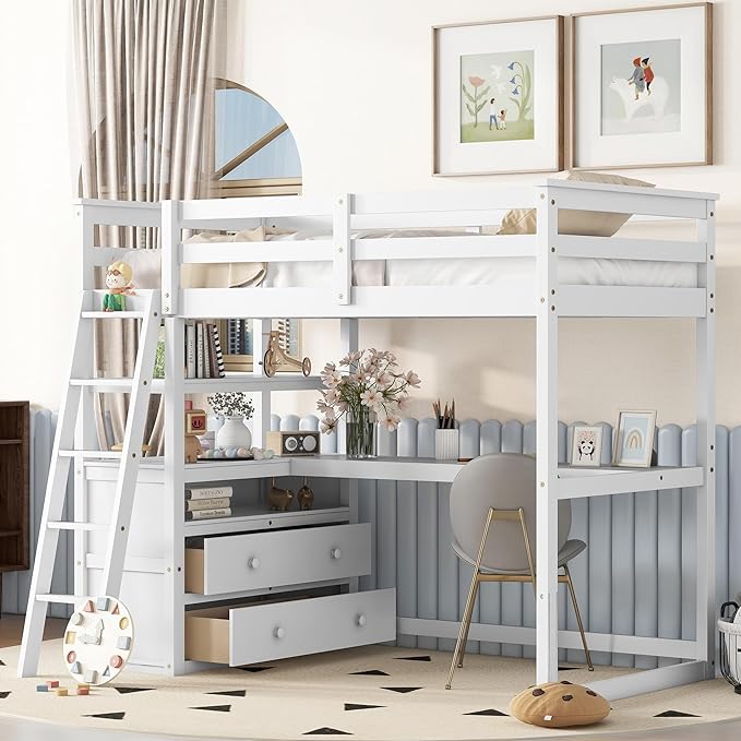 Full Size Loft Bed with Desk and Shelves, Wooden Loft Bed Full with Storage Drawers