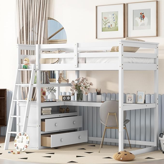 Full Size Loft Bed with Desk and Shelves