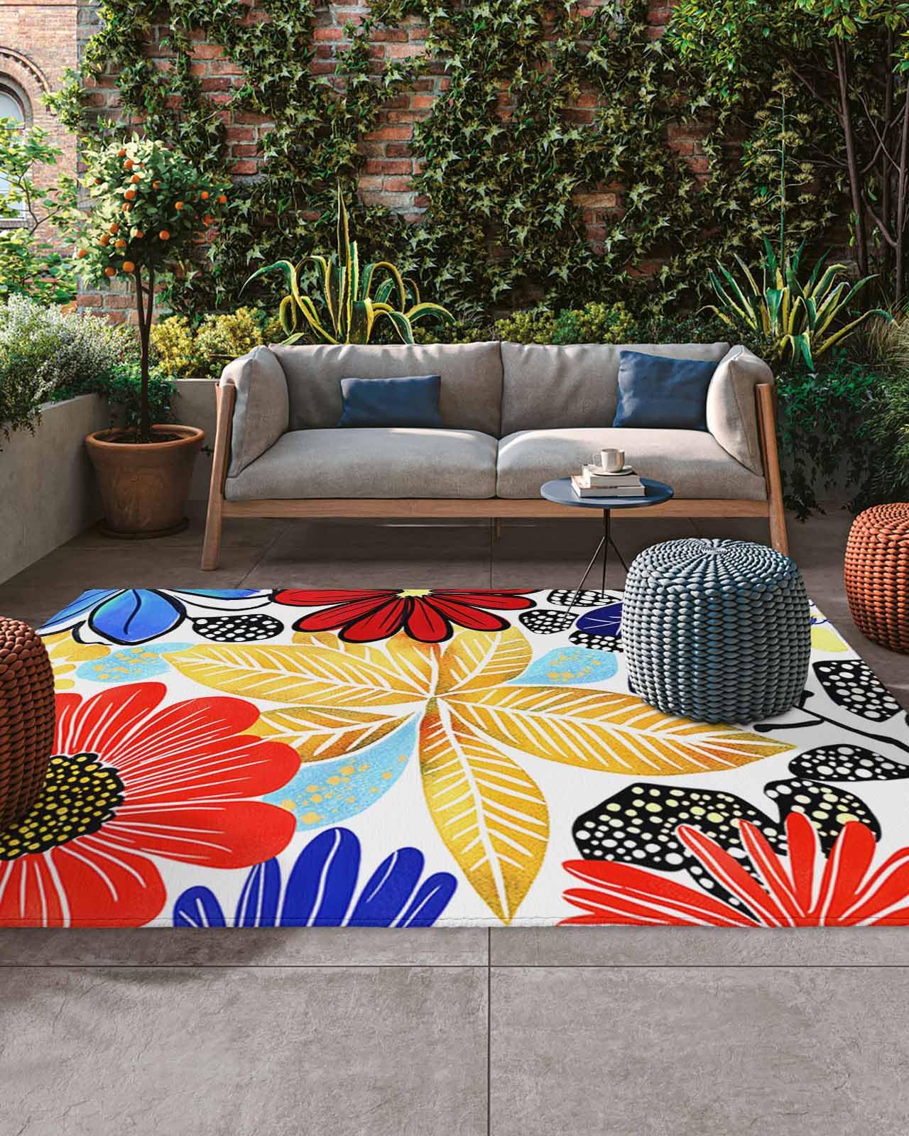 Outdoor Rug 5' x 8', Spring Floral Large Non Slip Area Rugs Washable Floor Mat