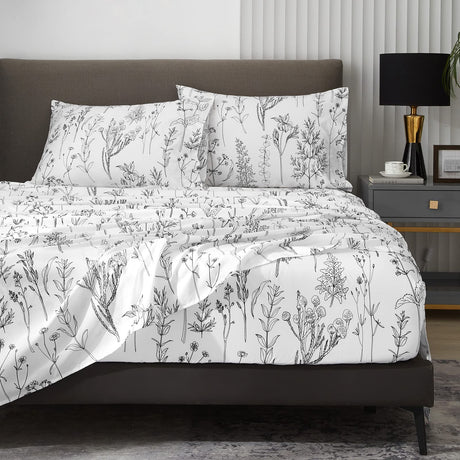 Floral Sheets Queen Size,18 inches Deep Pocket Sheets, 1800 Thread Count Black and White Leaf