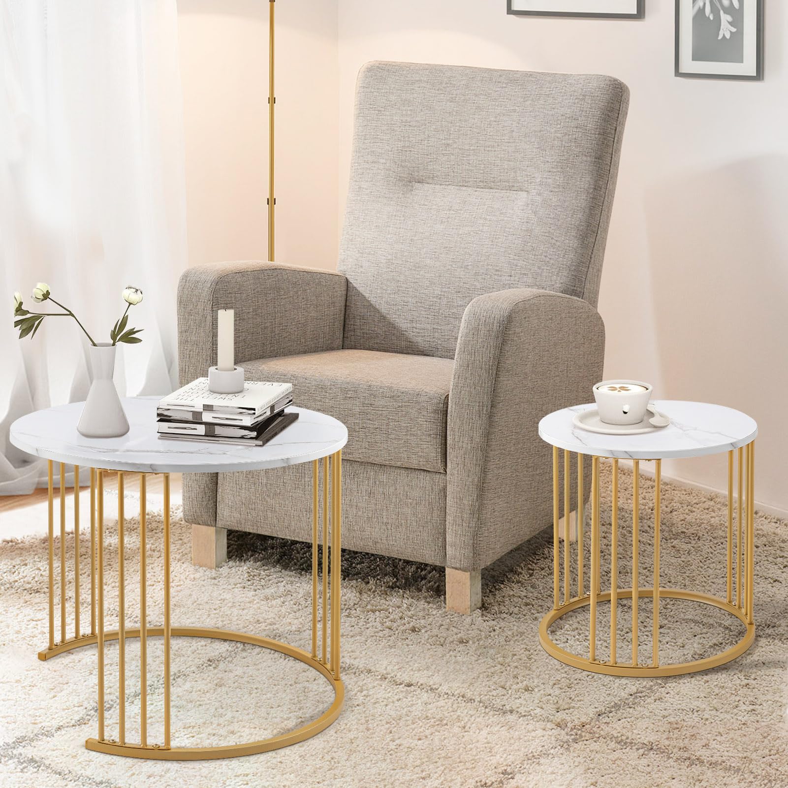 Nesting Coffee Table Set of 2, Round Table, Morden End Side Table Night Stand