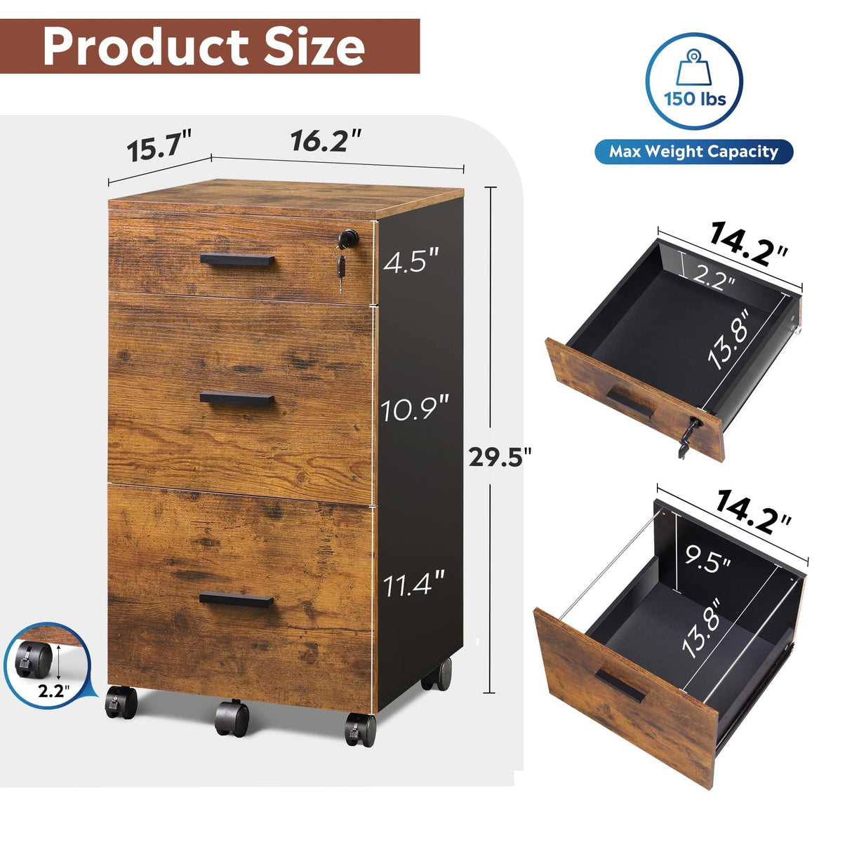 3 Drawer Rolling File Cabinet with Lock, Wood Filing Cabinet fits Letter